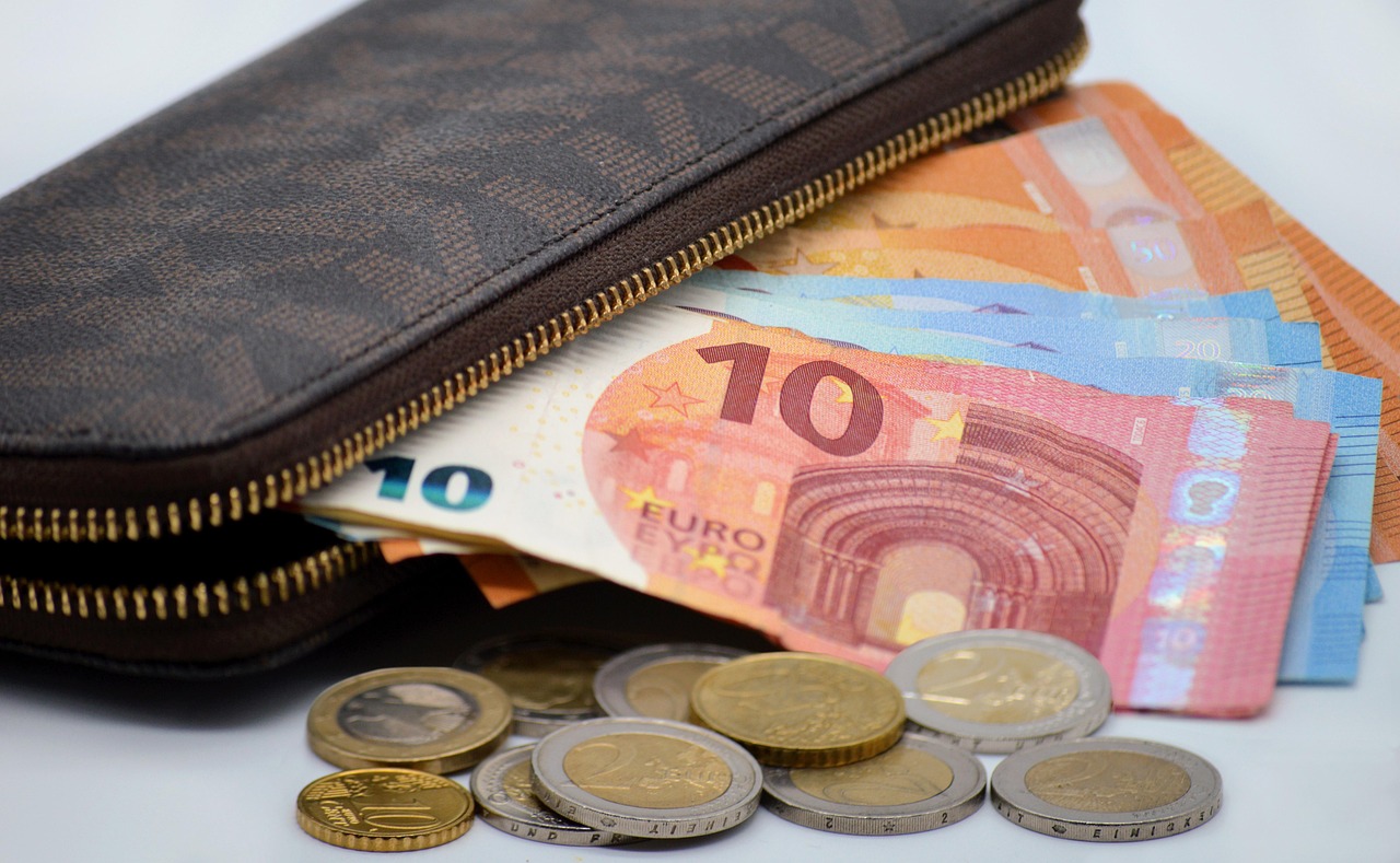 Portfel z euro i monetami symbolizujący koszty opieki nad dzieckiem w Europie.