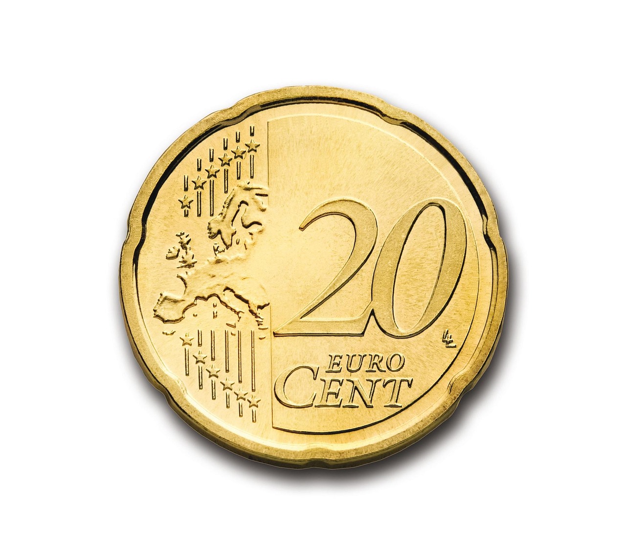 Moneta 20 centów euro z mapą Europy i gwiazdami Unii Europejskiej.