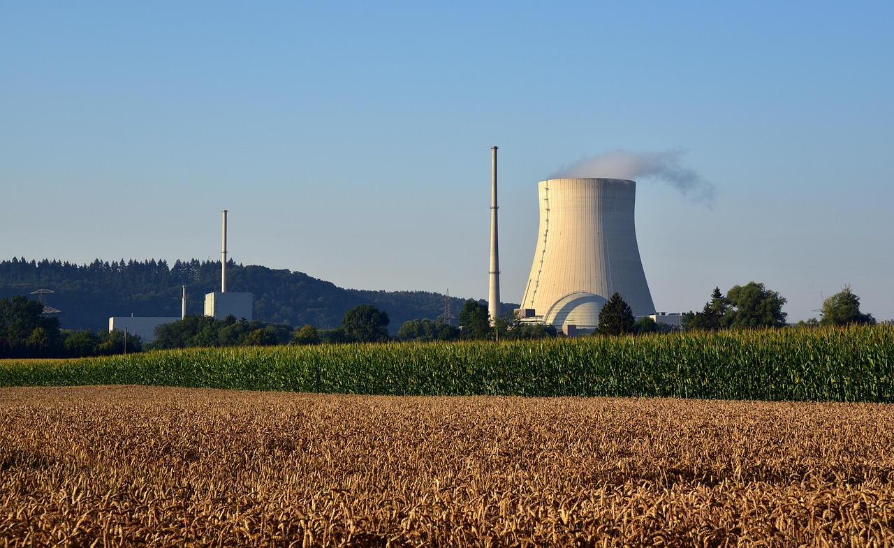 Elektrownia jądrowa EDF z chłodnią kominową i polem kukurydzy w tle.