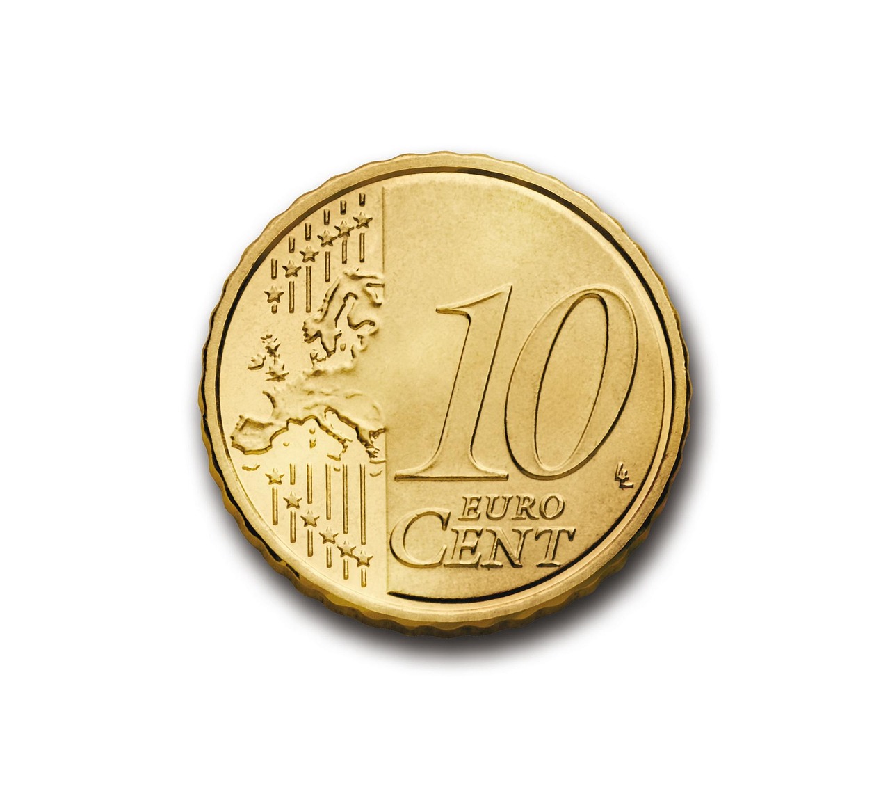 Moneta 10 euro centów z mapą Europy, symbolizująca finanse i prawo UE.