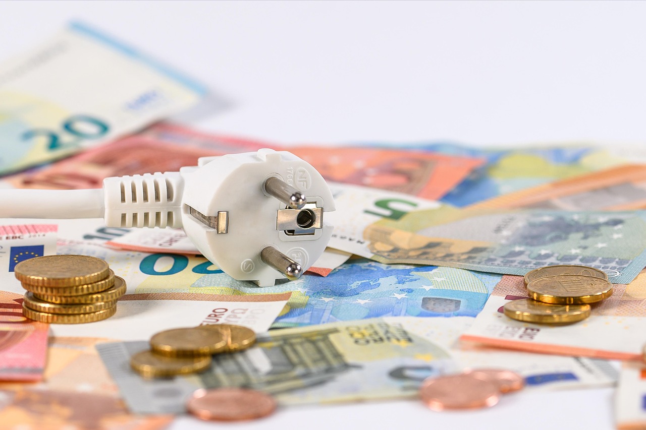 Wtyczka elektryczna na banknotach euro symbolizuje związek między rozwojem gospodarczym a kosztami energii.