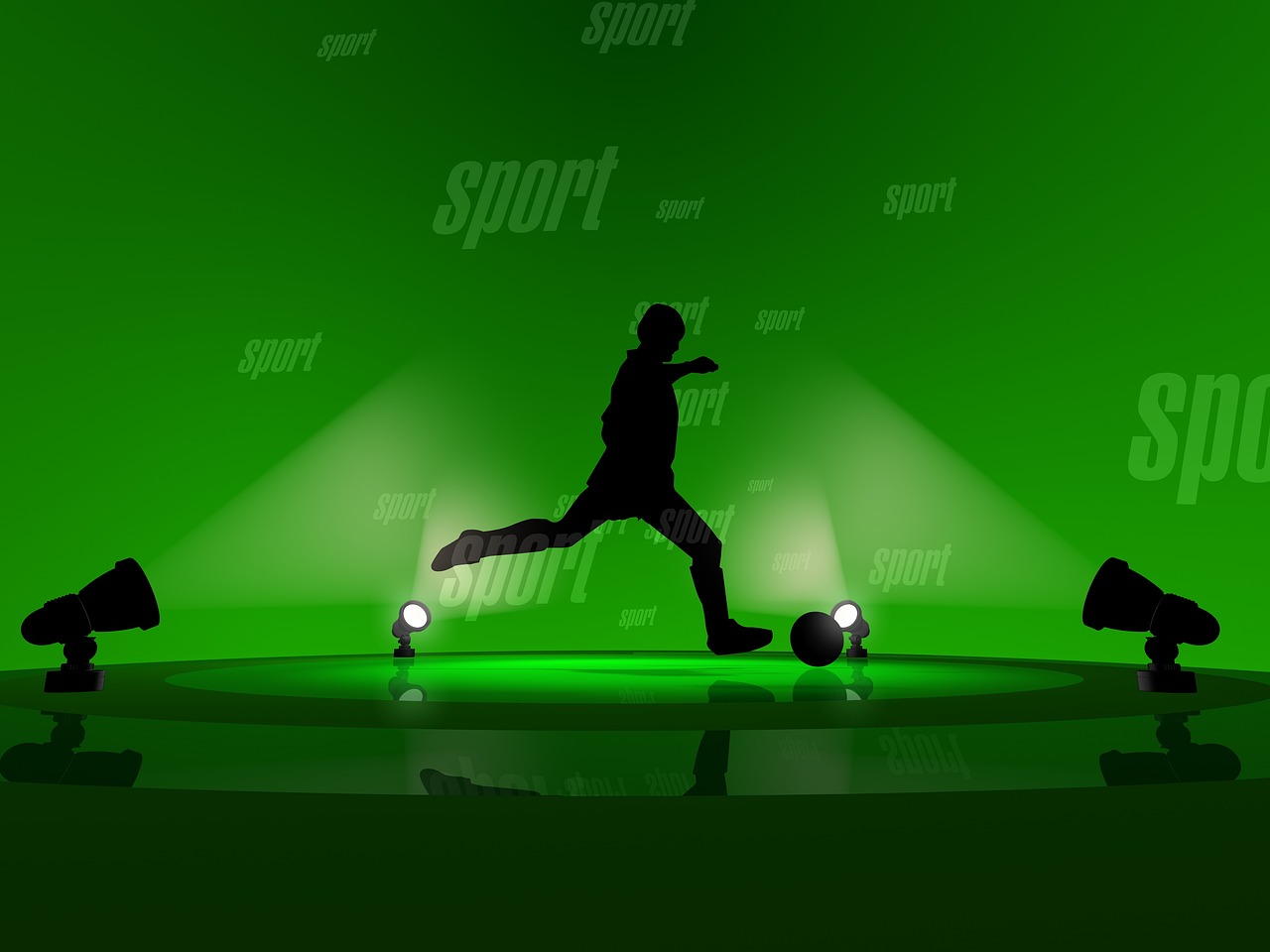 Piłkarz w akcji, uderzający piłkę, w tle napisy "sport".