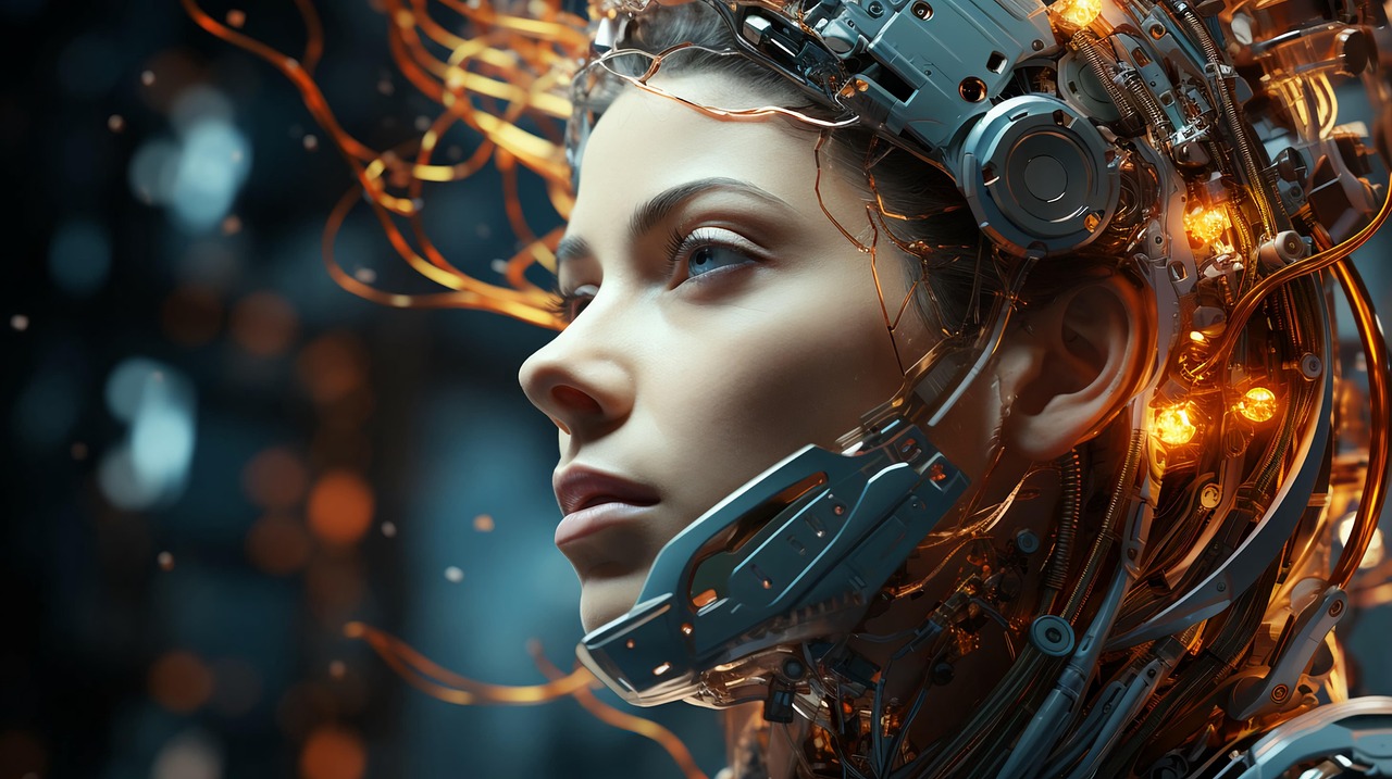 Sztuczna inteligencja jako tarcza w cyberwojnie: futurystyczna wizja kobiety z elementami mechanicznymi.