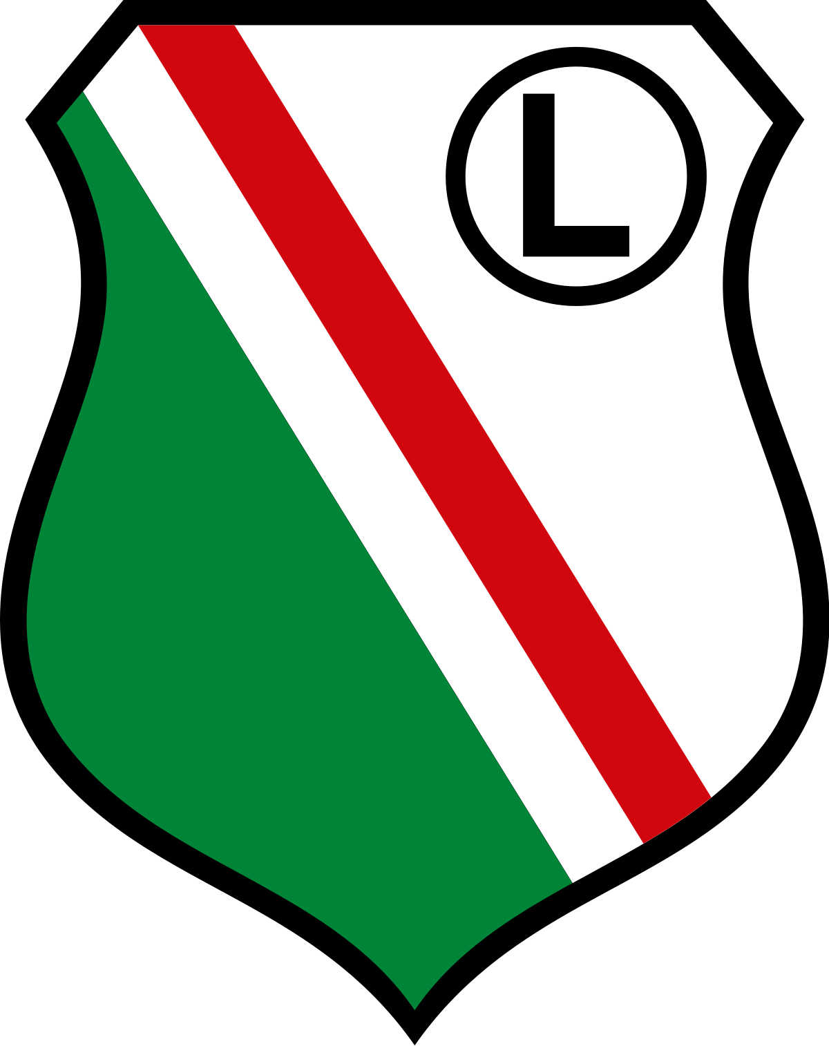 Herb Legii Warszawa z literą L w okręgu, symbol klubu kibiców.