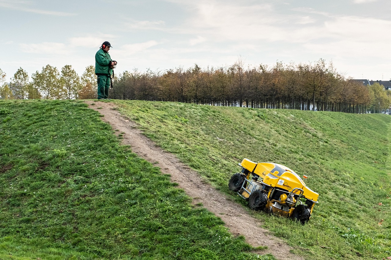 Robot koszący trawnik na zboczu, nadzorowany przez ogrodnika, przygotowujący trawnik do ostatniego koszenia przed zimą.