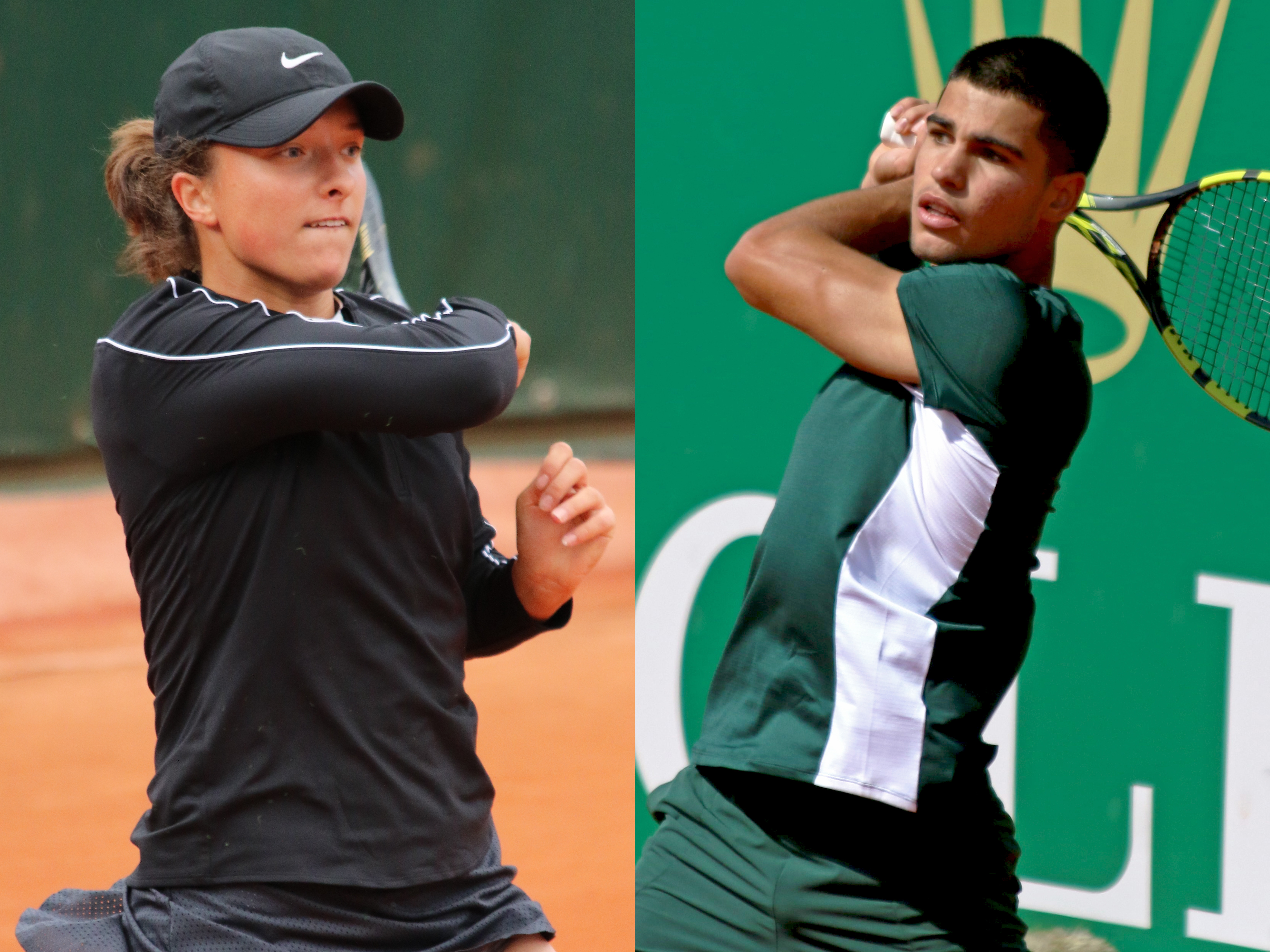 Iga Świątek w akcji na korcie ziemnym, gotowa do uderzenia. Tytułowy ranking WTA.