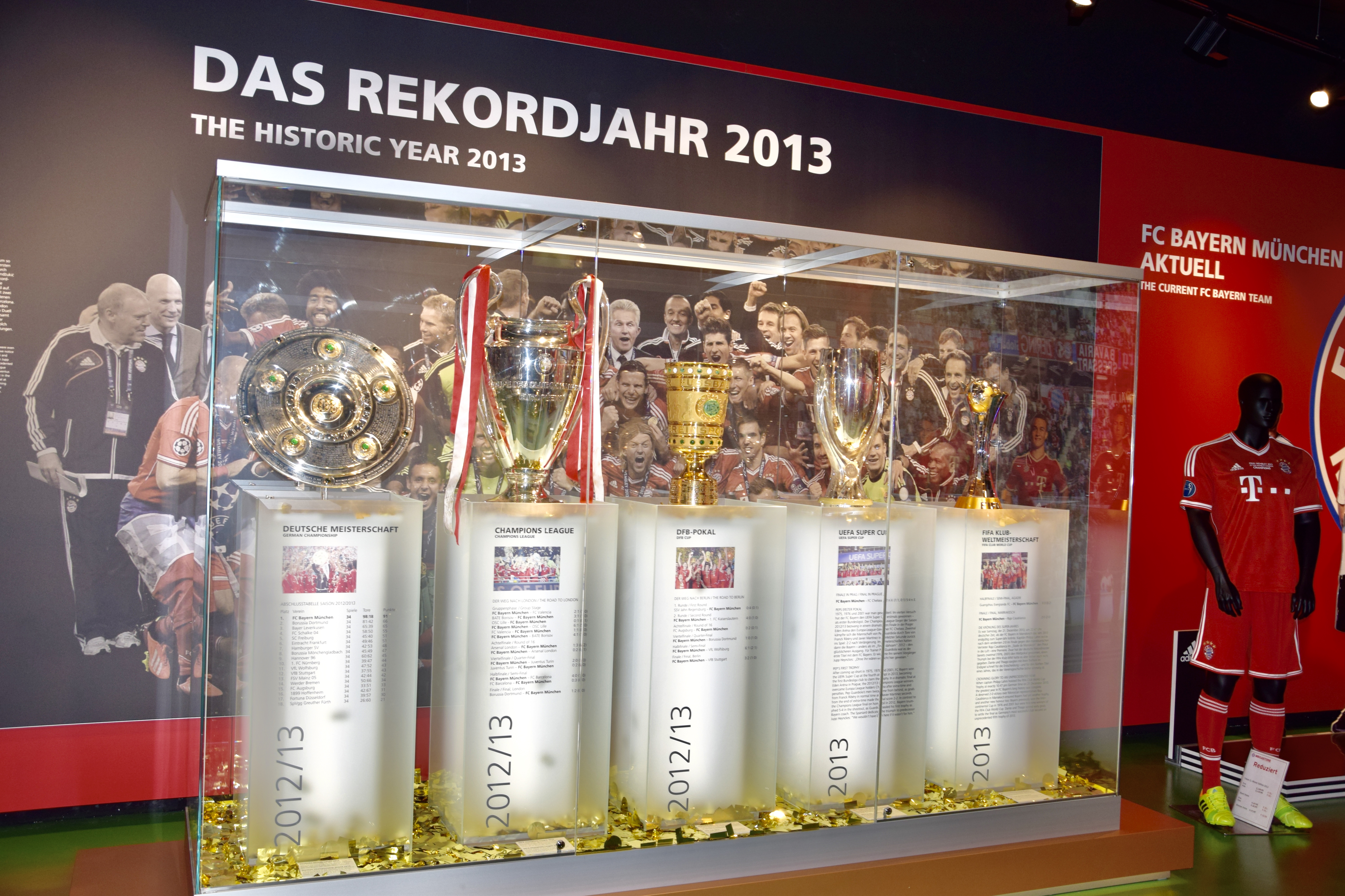 Trofea Bayernu Monachium z sezonu 2012/13, w tym Puchar Niemiec i Liga Mistrzów.